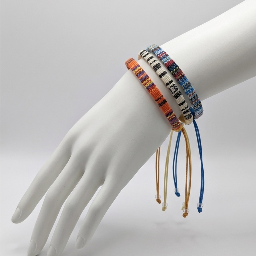 Hand Crafted Multicolor Woven and Beaded Bracelet Set - Orange, Cream, Blue - Picture 2 of 2
